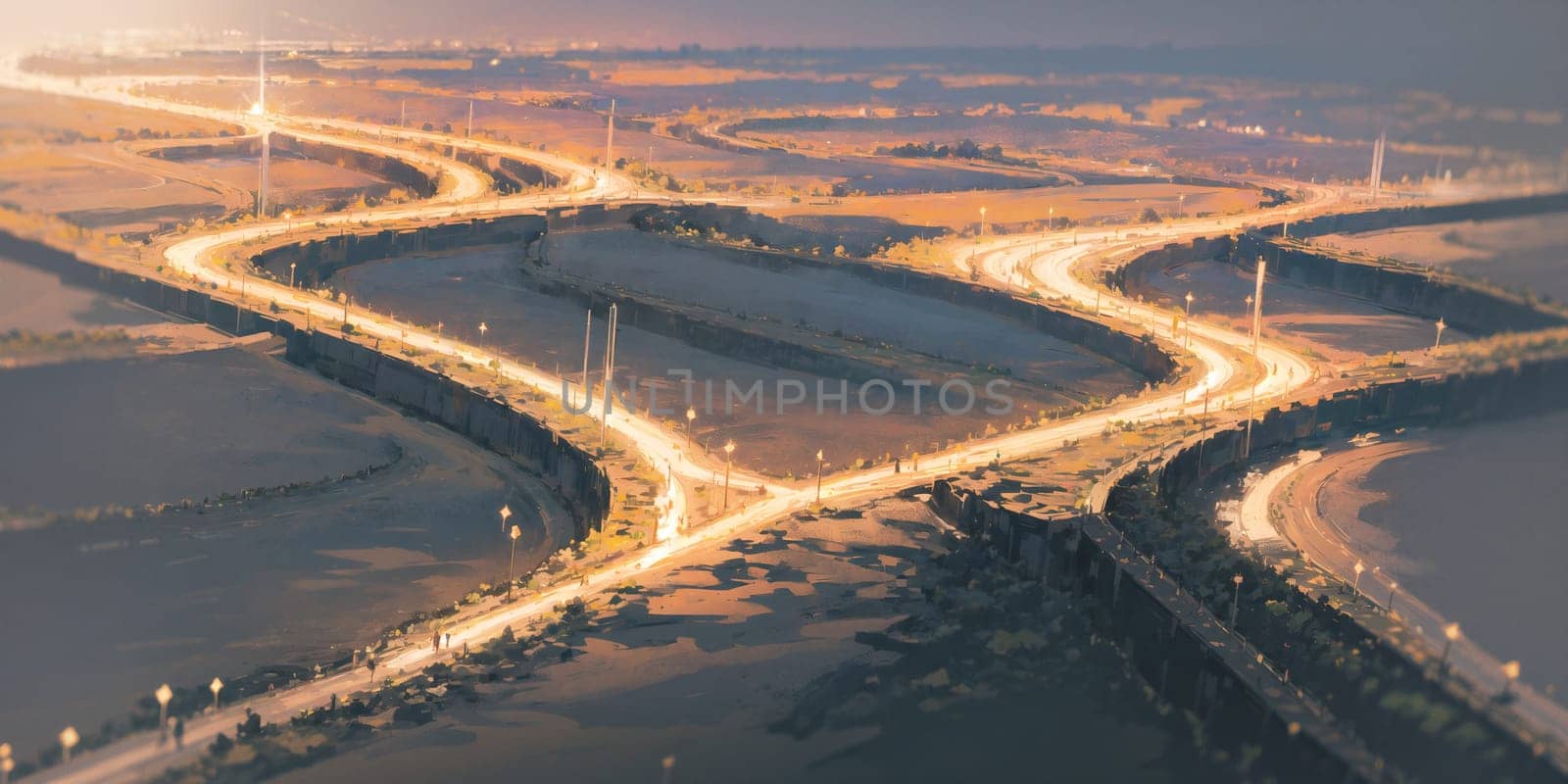 anime style background, landscape, golden river, beautiful sunrise over the mountains, field, panorama, generative ai, generative, ai