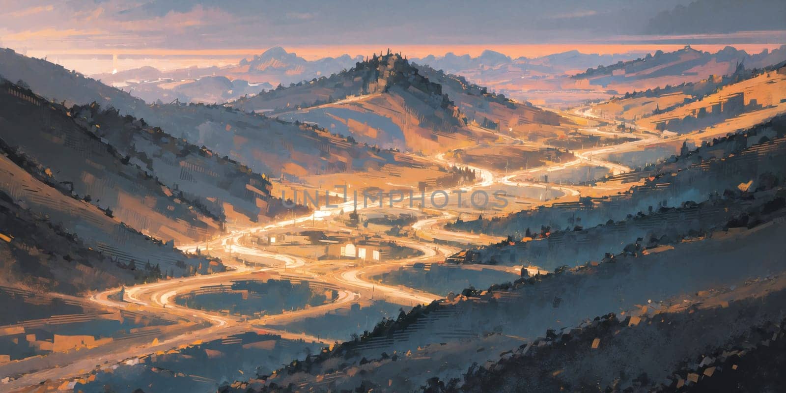 anime style background, landscape, golden river, beautiful sunrise over the mountains, field, panorama, generative ai, generative, ai