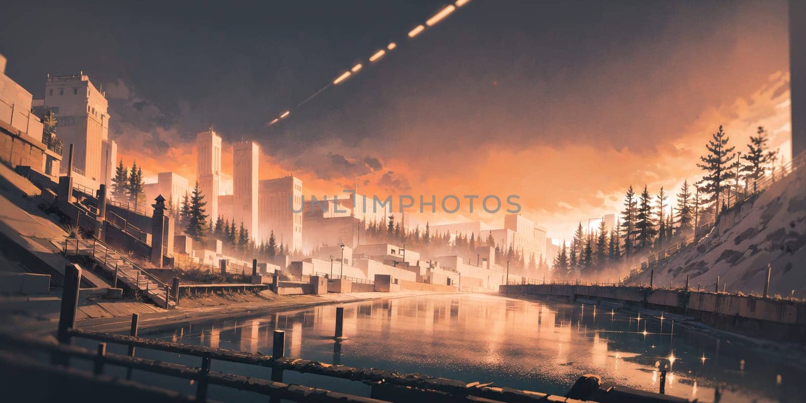 anime style background, landscape, golden river, beautiful sunrise over the mountains, field, panorama, generative ai, generative, ai