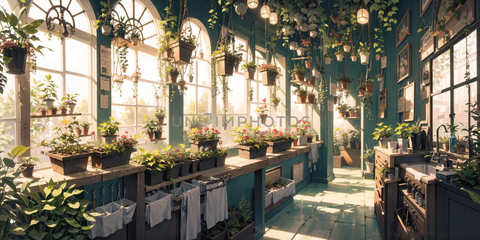 anime style background, game background, plants in greenhouse, store, garden, nursery, botanical, generative ai, generative, ai