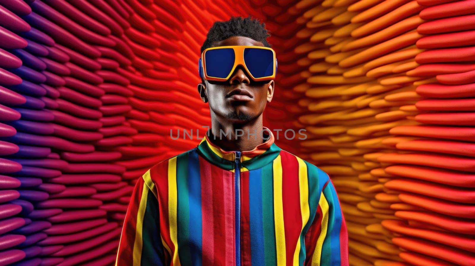 Young male model posing with trendy man fashion outfit and colorful optical art abstract background. Picturesque generative AI