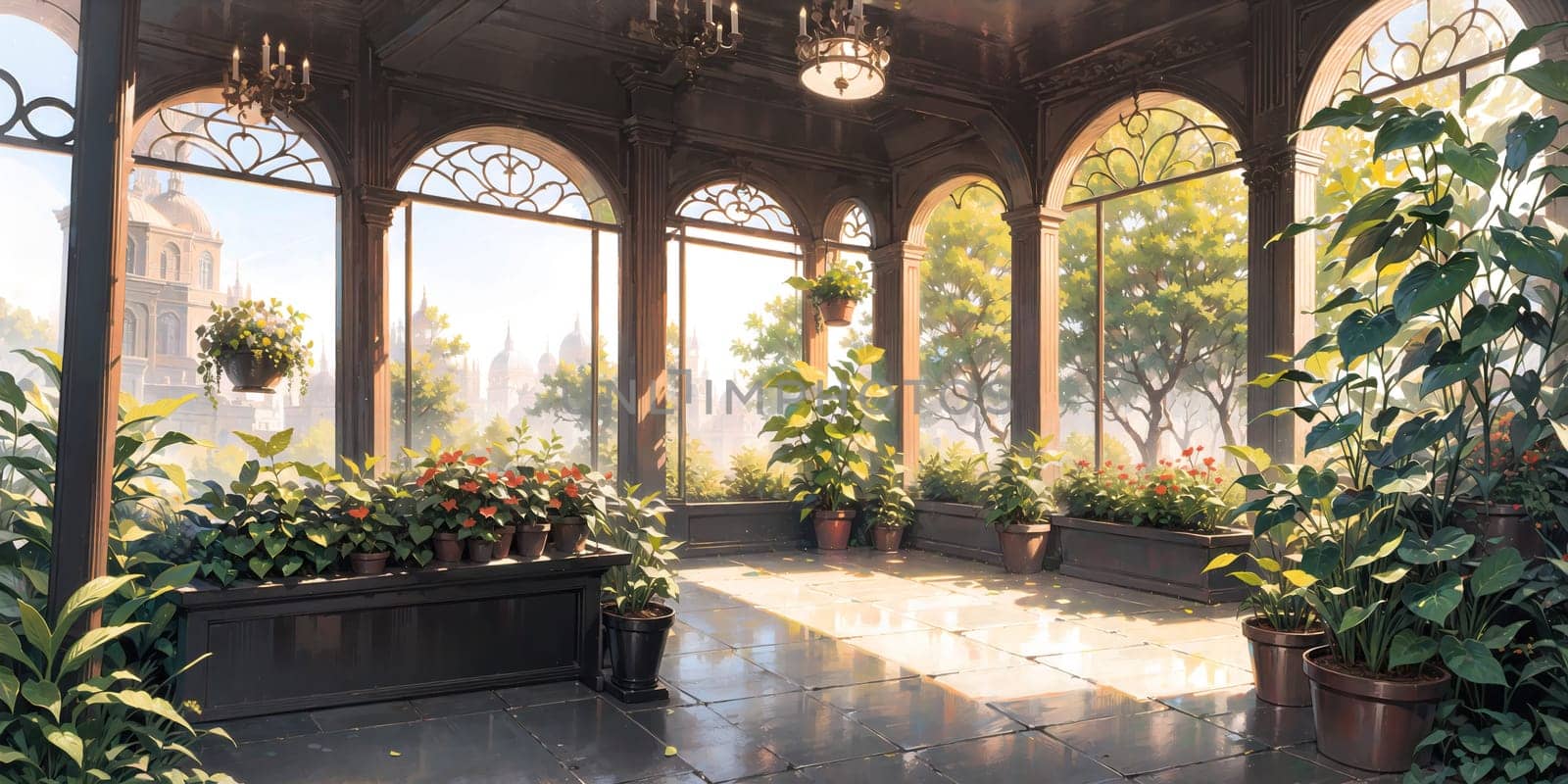 anime style background, game background, plants in greenhouse, store, garden, nursery, botanical, generative ai, generative, ai