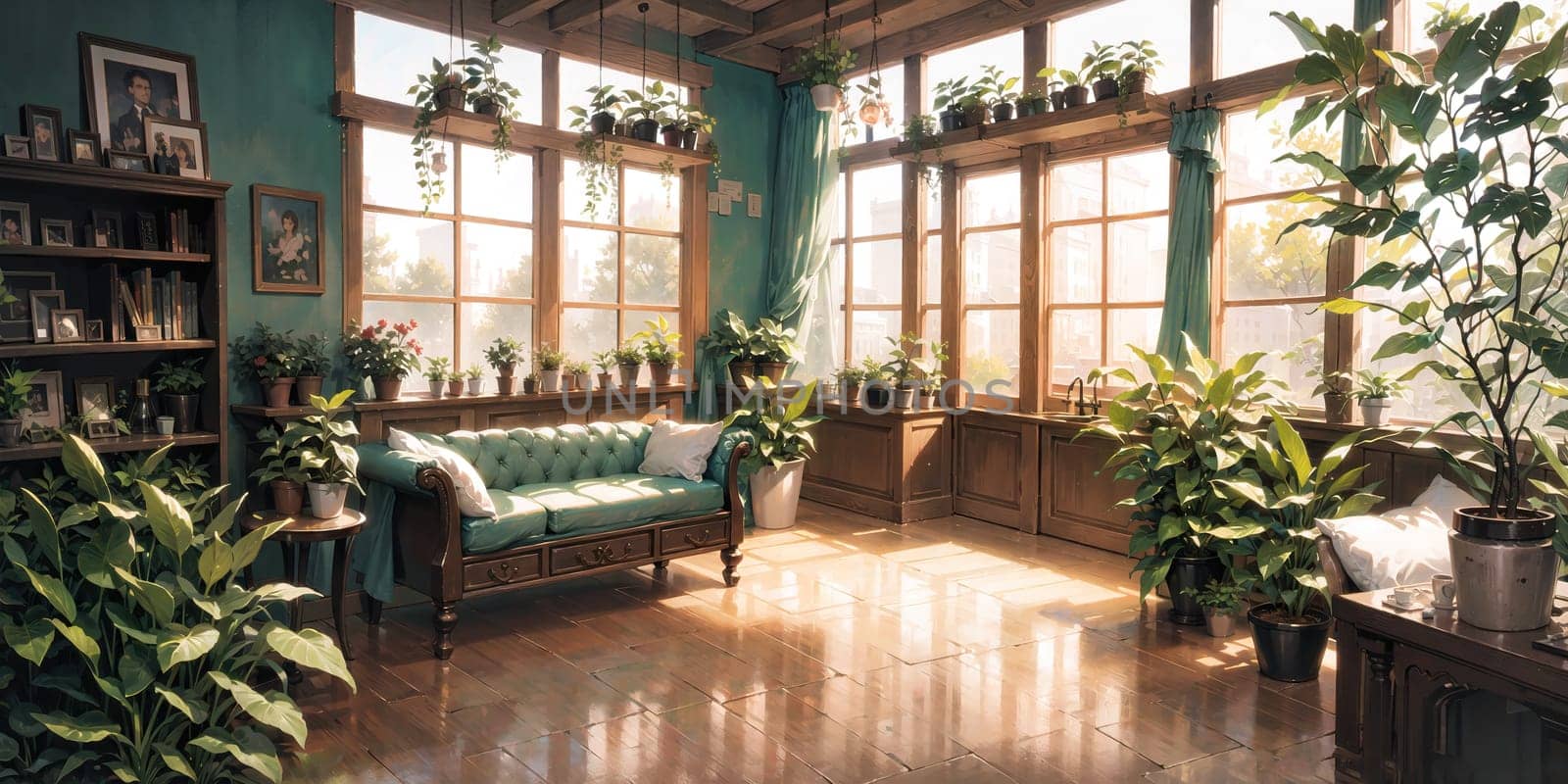 anime background, greenhouse, garden, botanical, generative ai, by rachellaiyl