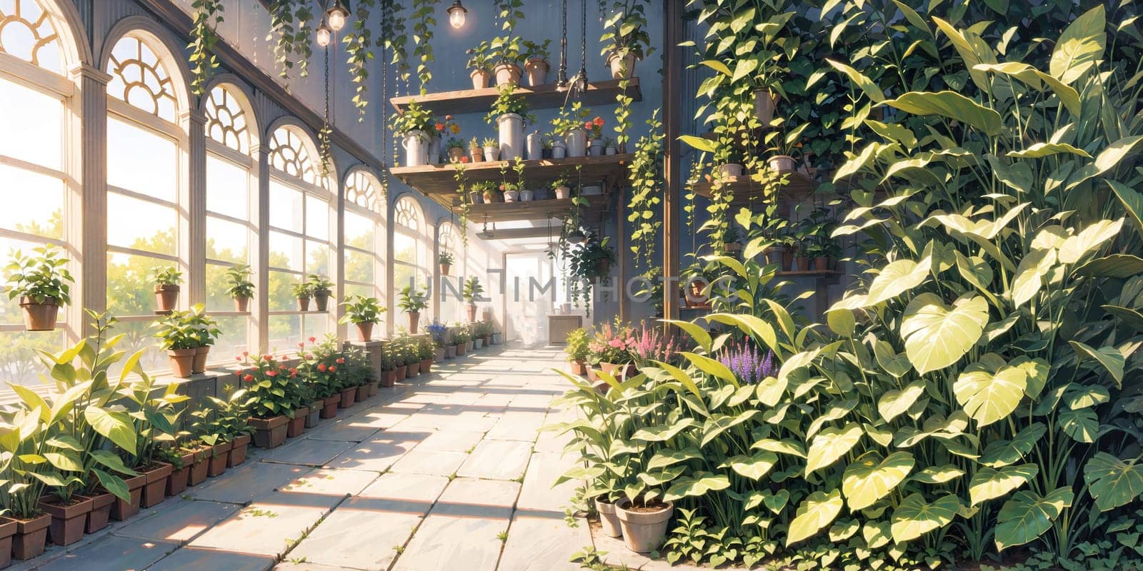 anime style background, game background, plants in greenhouse, store, garden, nursery, botanical, generative ai, generative, ai