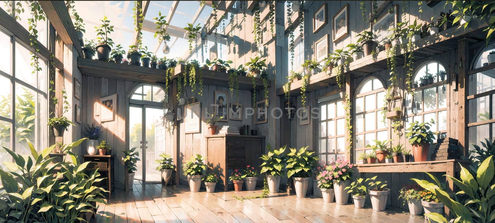 anime background, greenhouse, garden, botanical, generative ai, by rachellaiyl