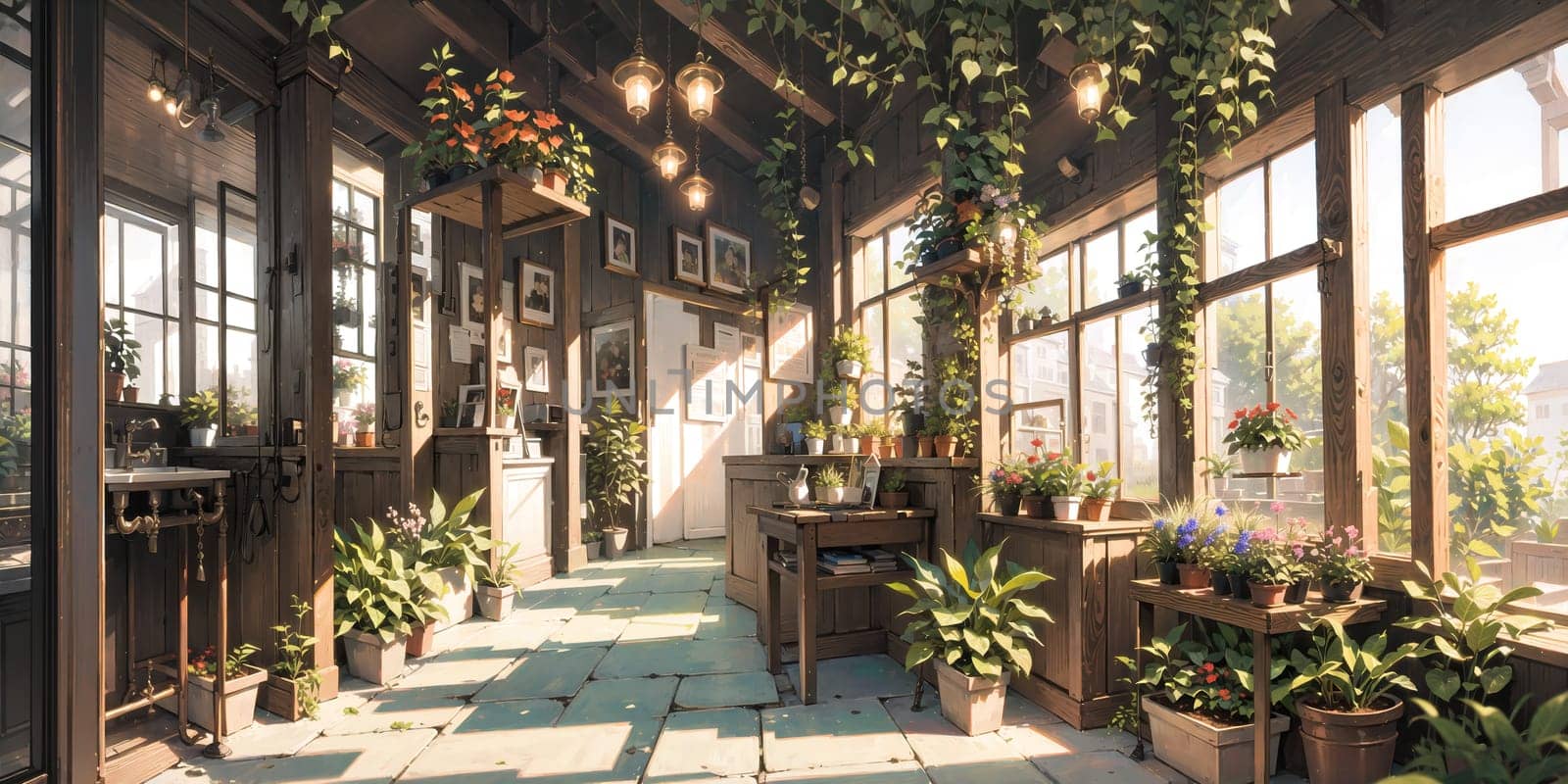anime background, greenhouse, garden, botanical, generative ai, by rachellaiyl