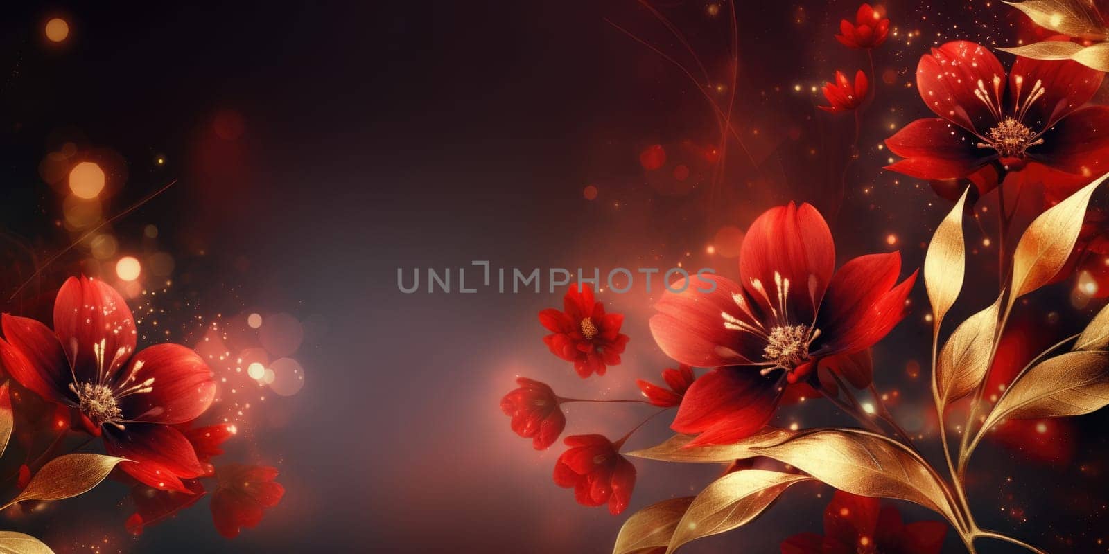 Beautiful abstract red and gold night photo floral design background banner. generative ai AIG32 by biancoblue