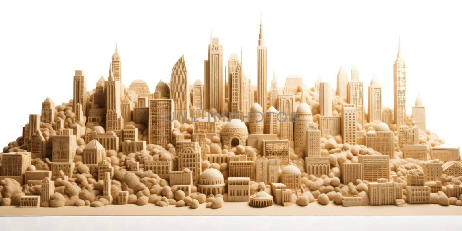 city skyline made of sand on white background. generative ai AIG32 by biancoblue