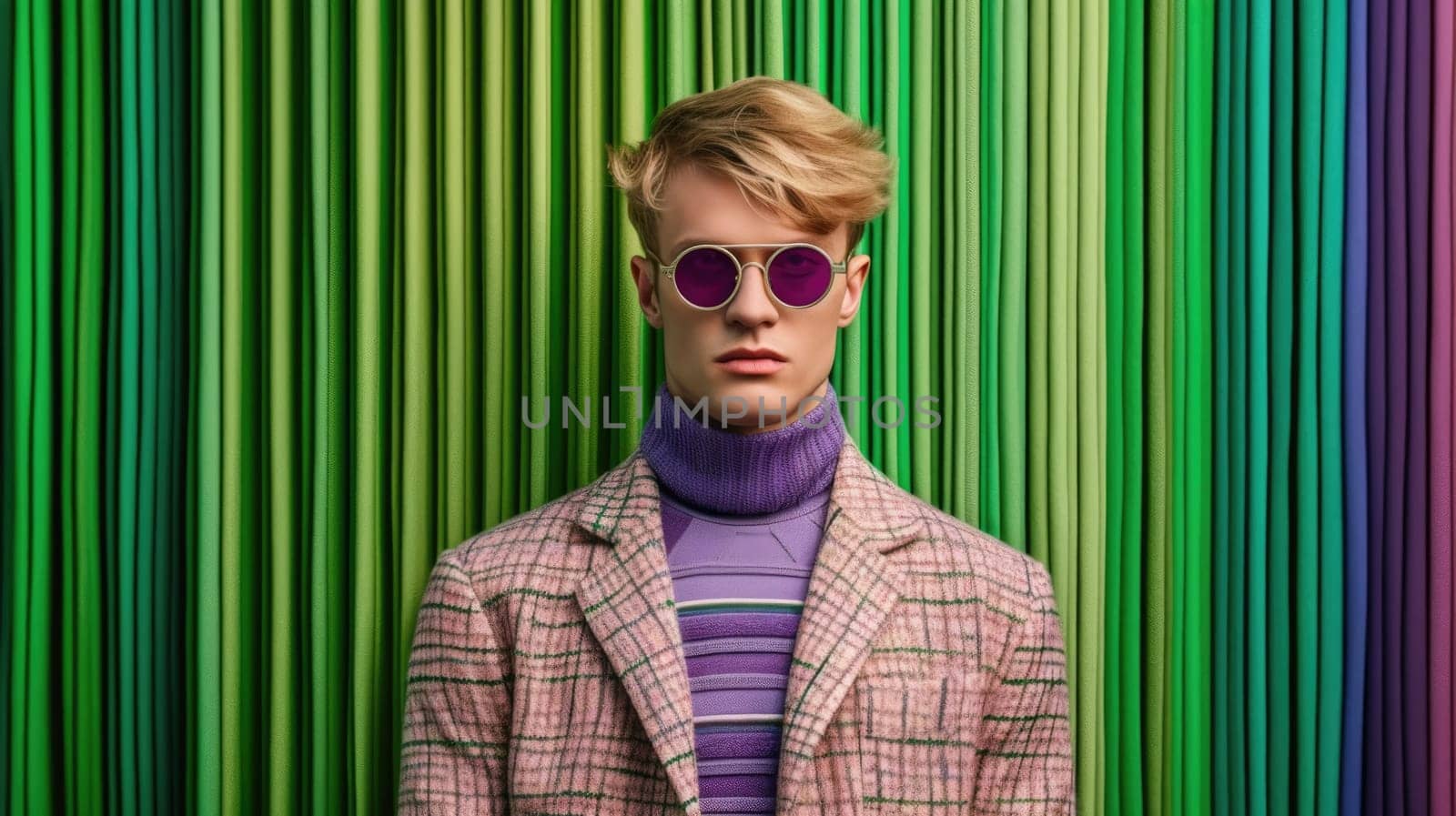 Young male model posing with trendy man fashion outfit and colorful green optical art abstract background. Picturesque generative AI