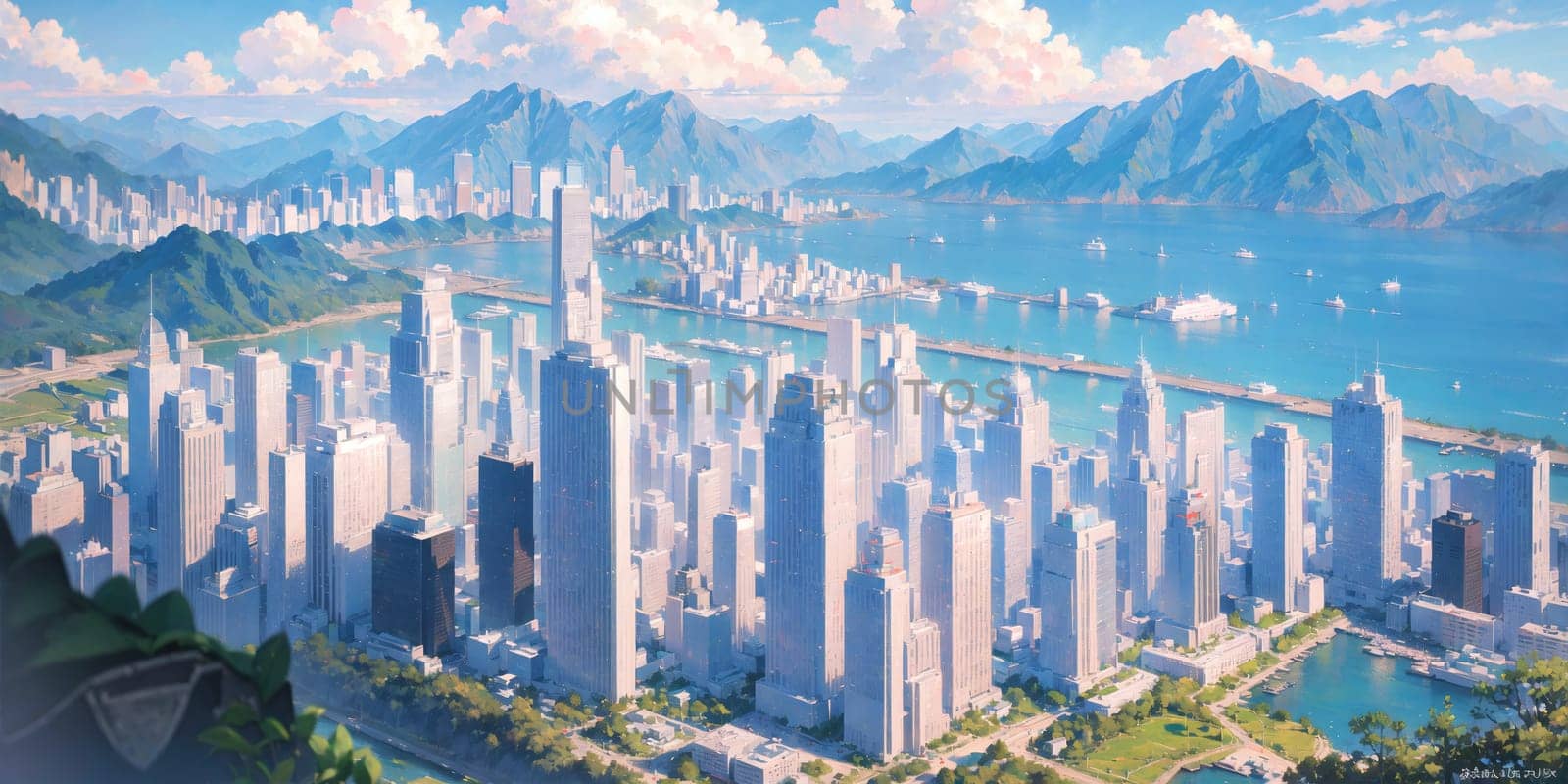 anime background, hong kong, city, business buildings, sunny, skyscraper, sky, blue sky, landscape, cityscape, generative ai, generative, ai