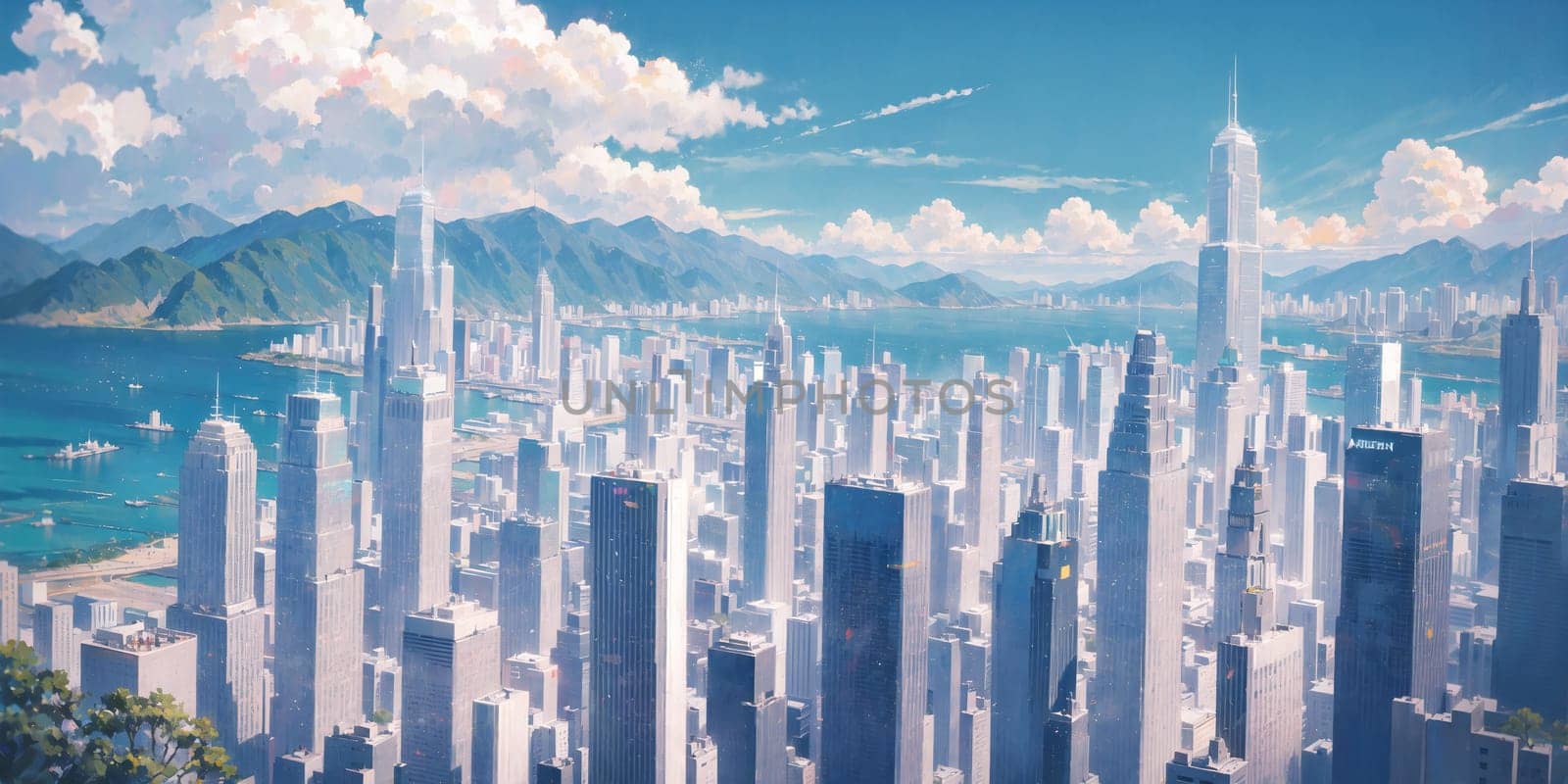 anime background, hong kong, city, business buildings, sunny, skyscraper, sky, blue sky, landscape, cityscape, generative ai, generative, ai