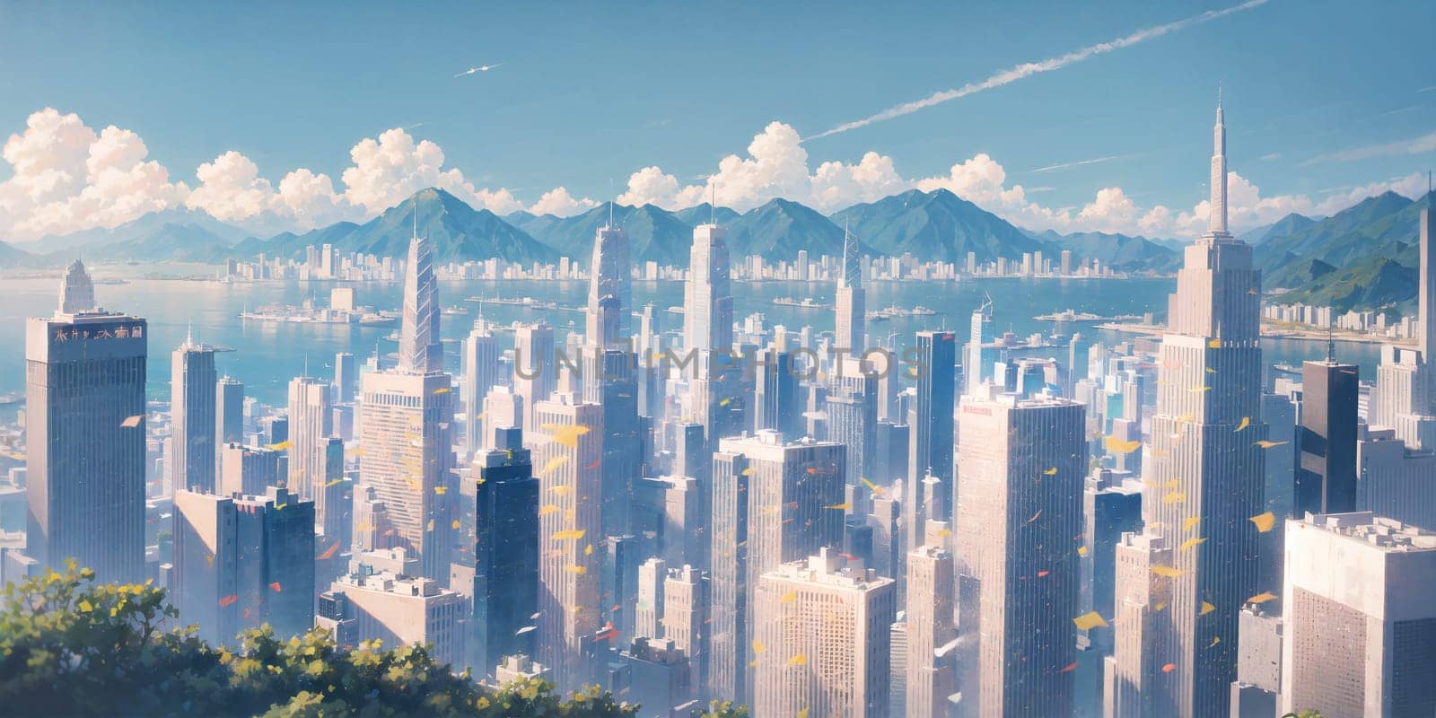 anime background, hong kong, city, business buildings, sunny, skyscraper, sky, blue sky, landscape, cityscape, generative ai, generative, ai