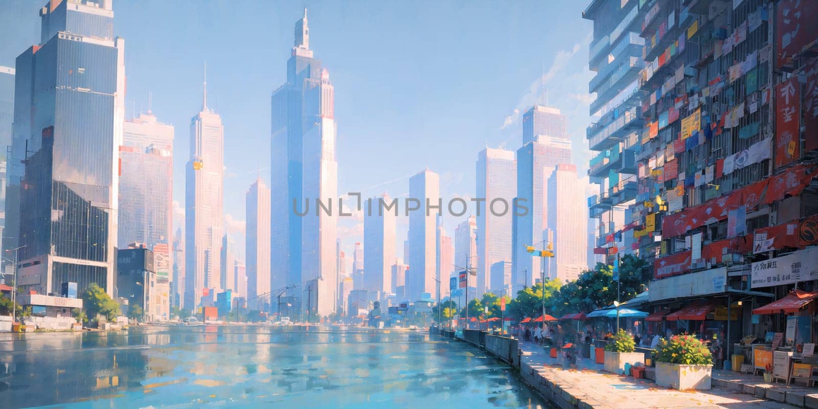 anime background, hong kong, city, business buildings, sunny, skyscraper, sky, blue sky, landscape, cityscape, generative ai, generative, ai