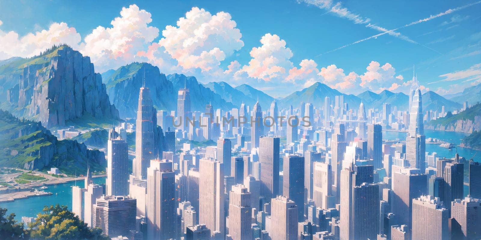 anime background, hong kong, city, business buildings, sunny, skyscraper, sky, blue sky, landscape, cityscape, generative ai, generative, ai