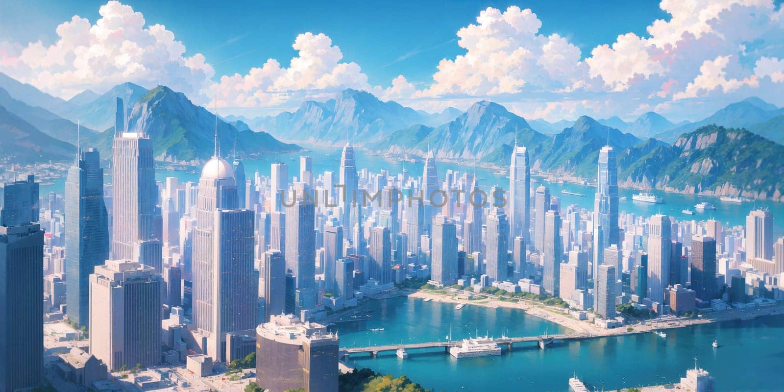 anime background, hong kong, city, business buildings, sunny, skyscraper, sky, blue sky, landscape, cityscape, generative ai, generative, ai