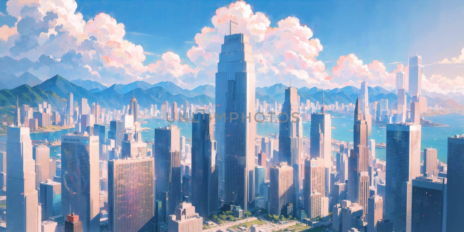anime background, hong kong, city, business buildings, sunny, skyscraper, sky, blue sky, landscape, cityscape, generative ai, generative, ai
