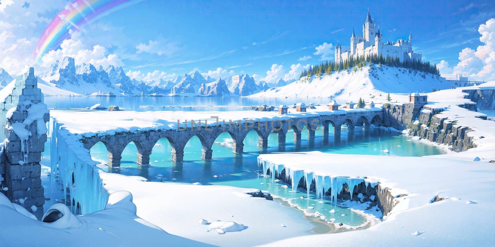 anime style background, landscape, cityscape, rainbow, snow, winter, cold, white, blue sky, sky, castle, ice, travel, generative ai, generative, ai