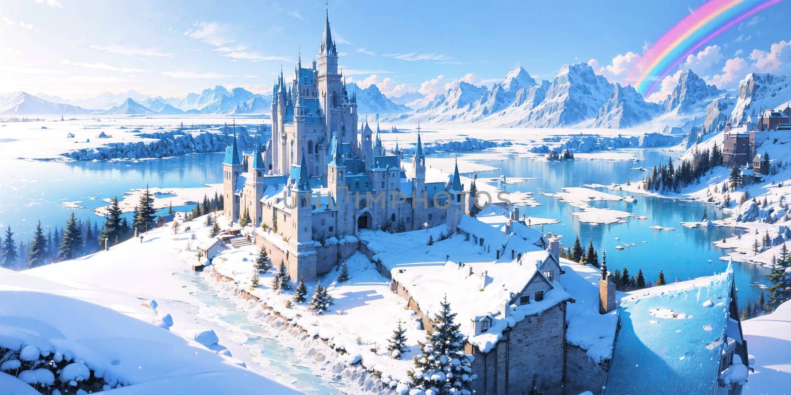 anime style background, landscape, cityscape, rainbow, snow, winter, cold, white, blue sky, sky, castle, ice, travel, generative ai, generative, ai