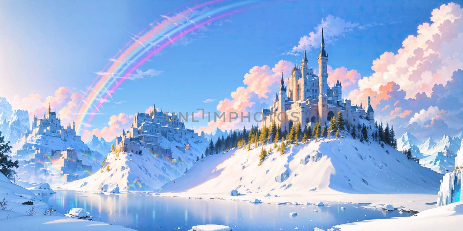 anime style background, landscape, cityscape, rainbow, snow, winter, cold, white, blue sky, sky, castle, ice, travel, generative ai, generative, ai