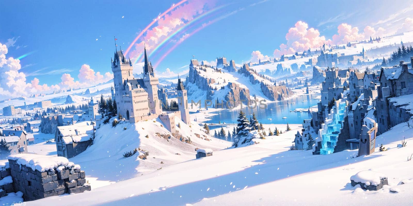 anime style background, landscape, cityscape, rainbow, snow, winter, cold, white, blue sky, sky, castle, ice, travel, generative ai, generative, ai