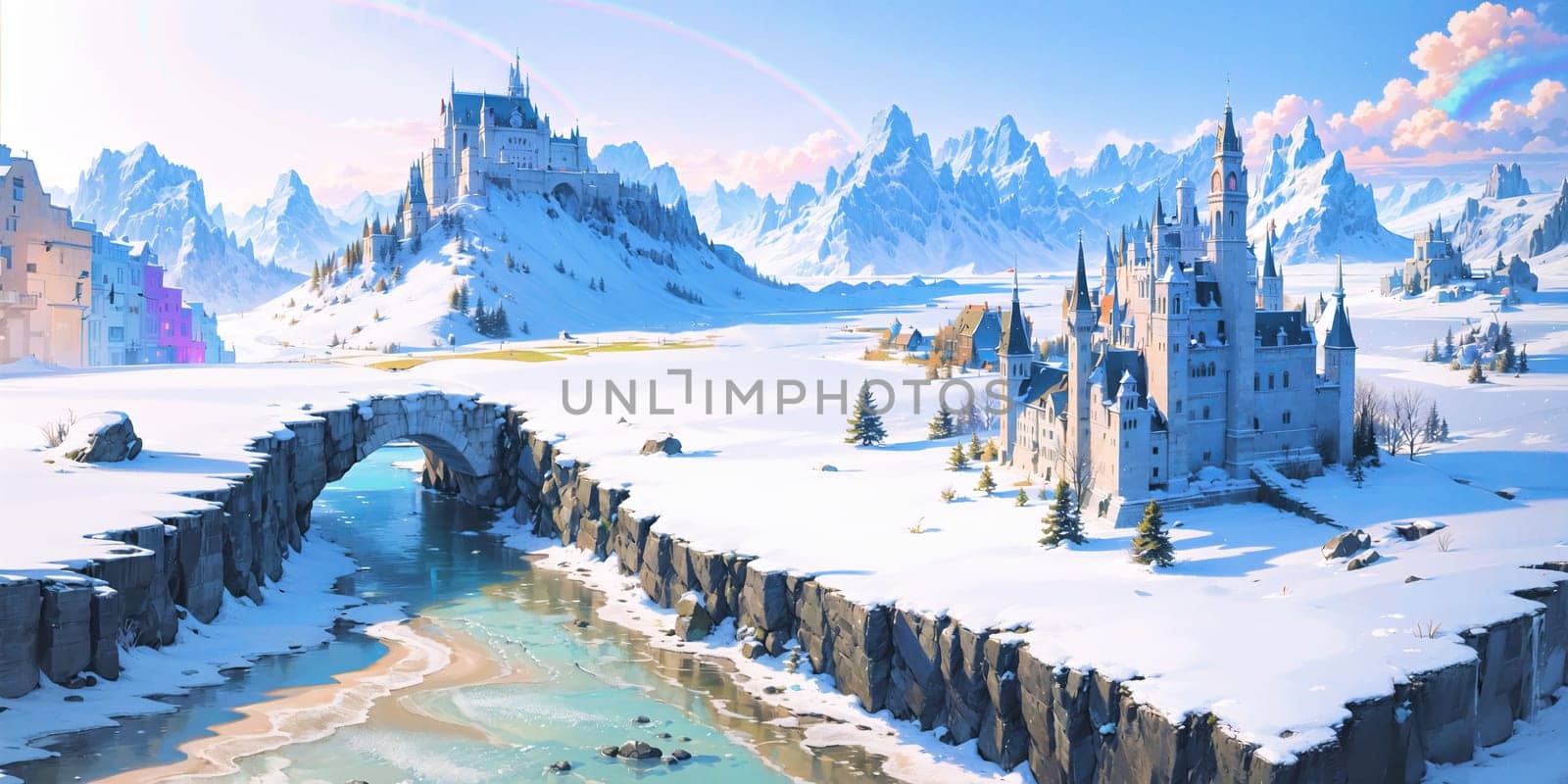 anime style background, landscape, cityscape, rainbow, snow, winter, cold, white, blue sky, sky, castle, ice, travel, generative ai, generative, ai