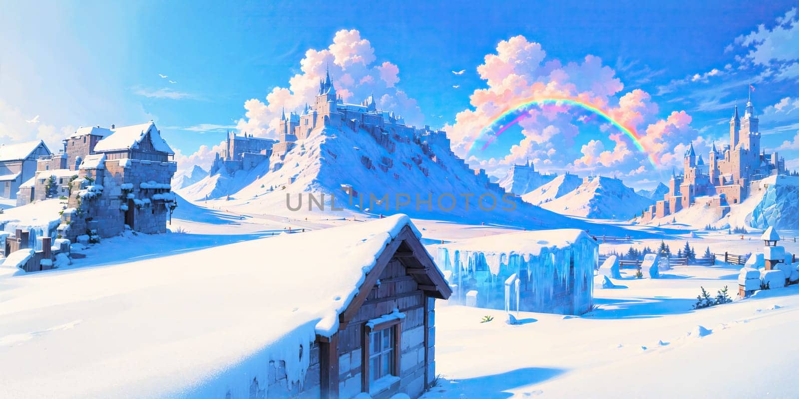 anime style background, landscape, cityscape, rainbow, snow, winter, cold, white, blue sky, sky, castle, ice, travel, generative ai, generative, ai