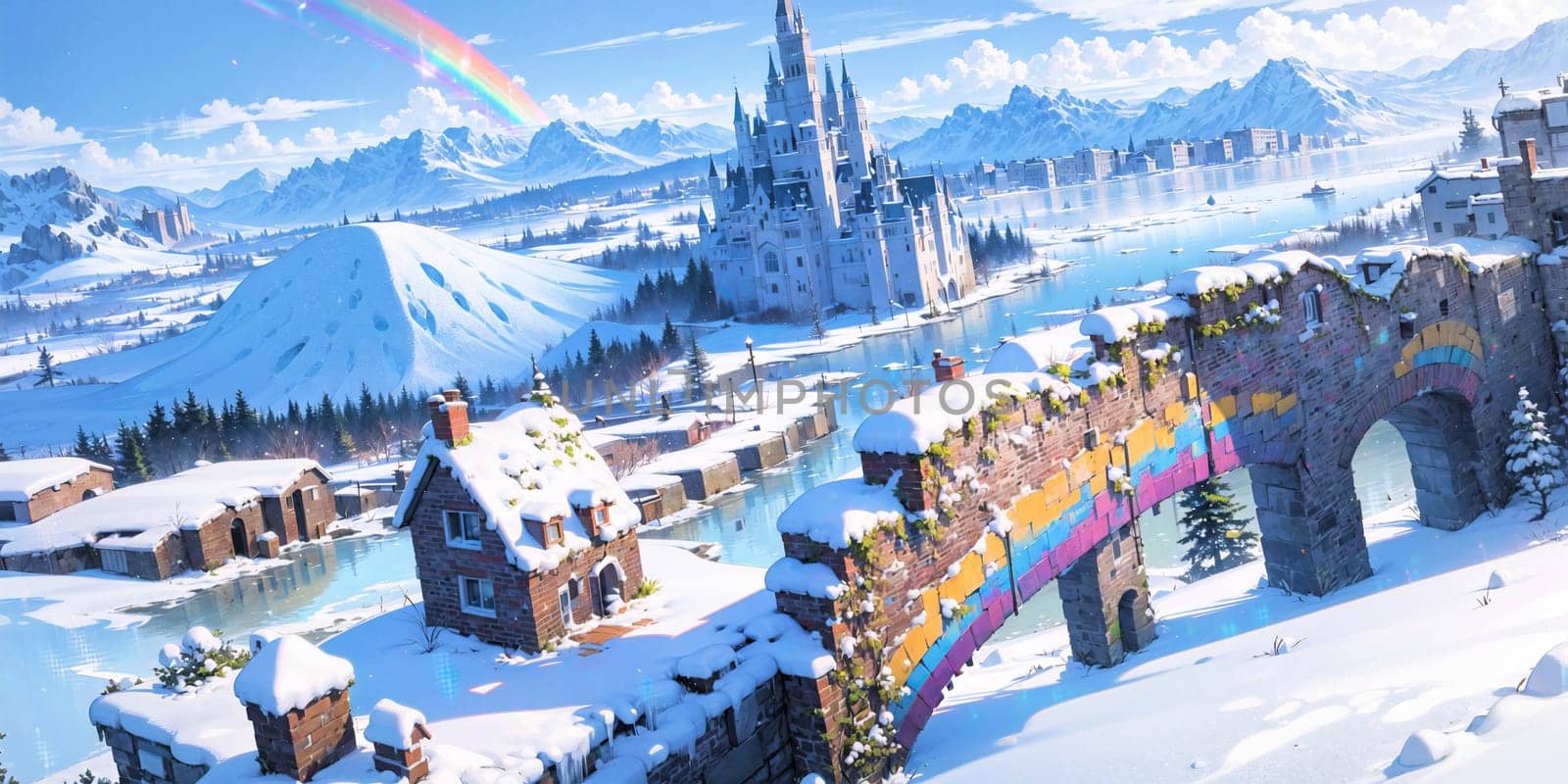 anime style background, landscape, cityscape, rainbow, snow, winter, cold, white, blue sky, sky, castle, ice, travel, generative ai, generative, ai