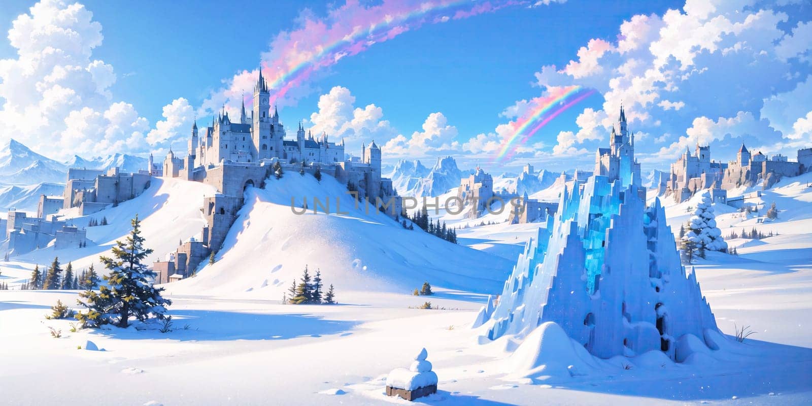 anime style background, landscape, cityscape, rainbow, snow, winter, cold, white, blue sky, sky, castle, ice, travel, generative ai, generative, ai