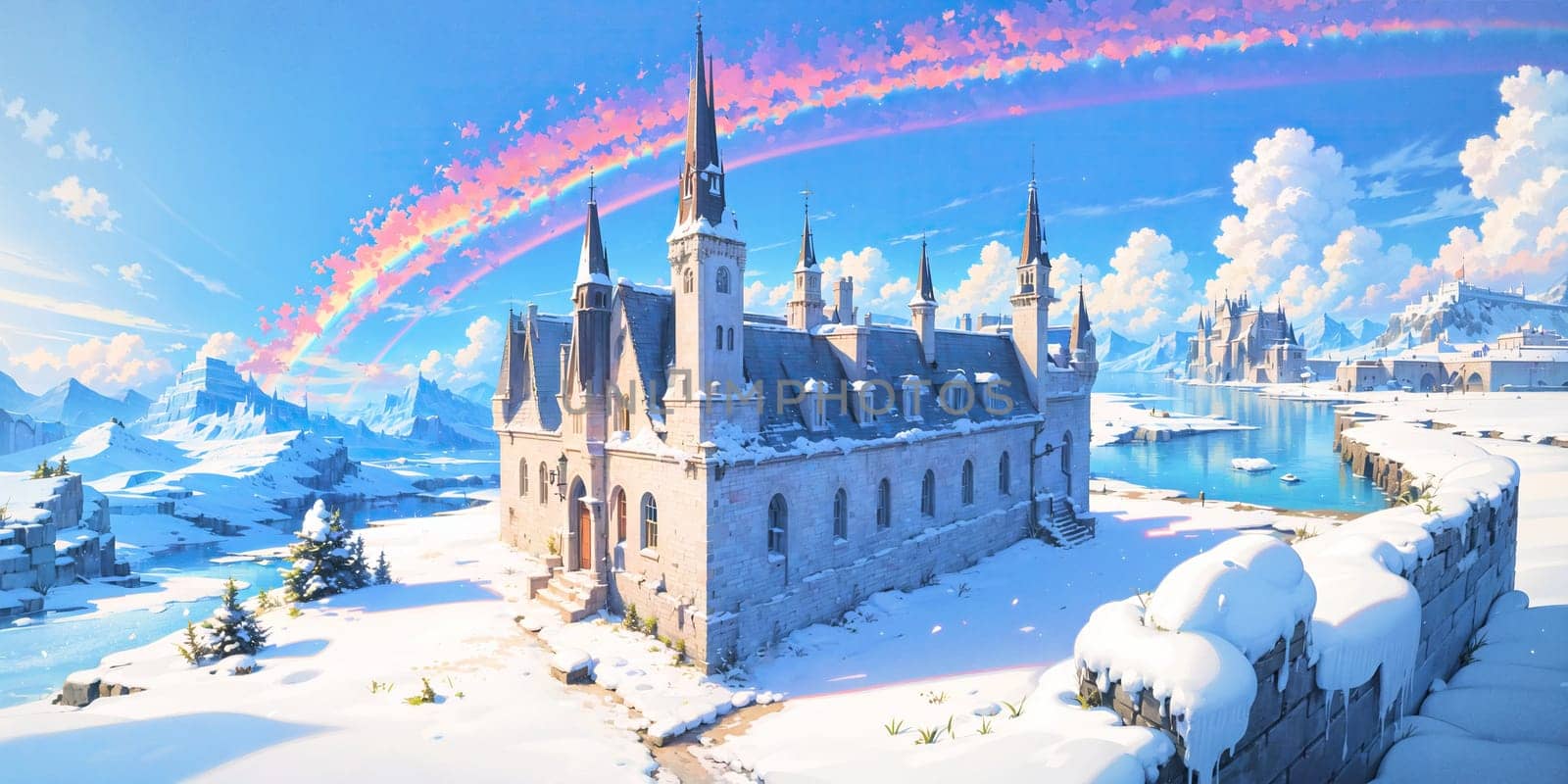 anime style background, landscape, cityscape, rainbow, snow, winter, cold, white, blue sky, sky, castle, ice, travel, generative ai, generative, ai