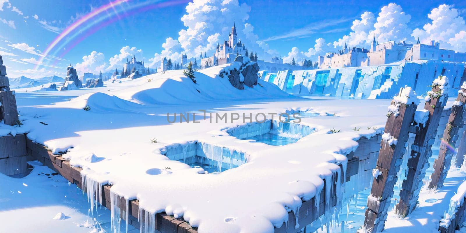 anime style background, landscape, cityscape, rainbow, snow, winter, cold, white, blue sky, sky, castle, ice, travel, generative ai, generative, ai