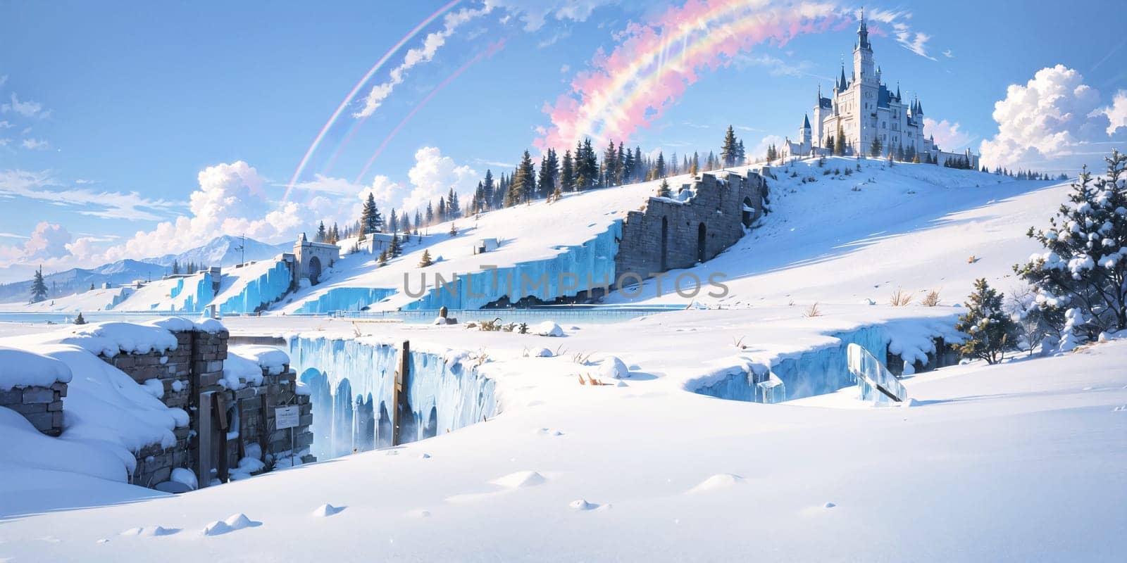 anime style background, landscape, cityscape, rainbow, snow, winter, cold, white, blue sky, sky, castle, ice, travel, generative ai, generative, ai