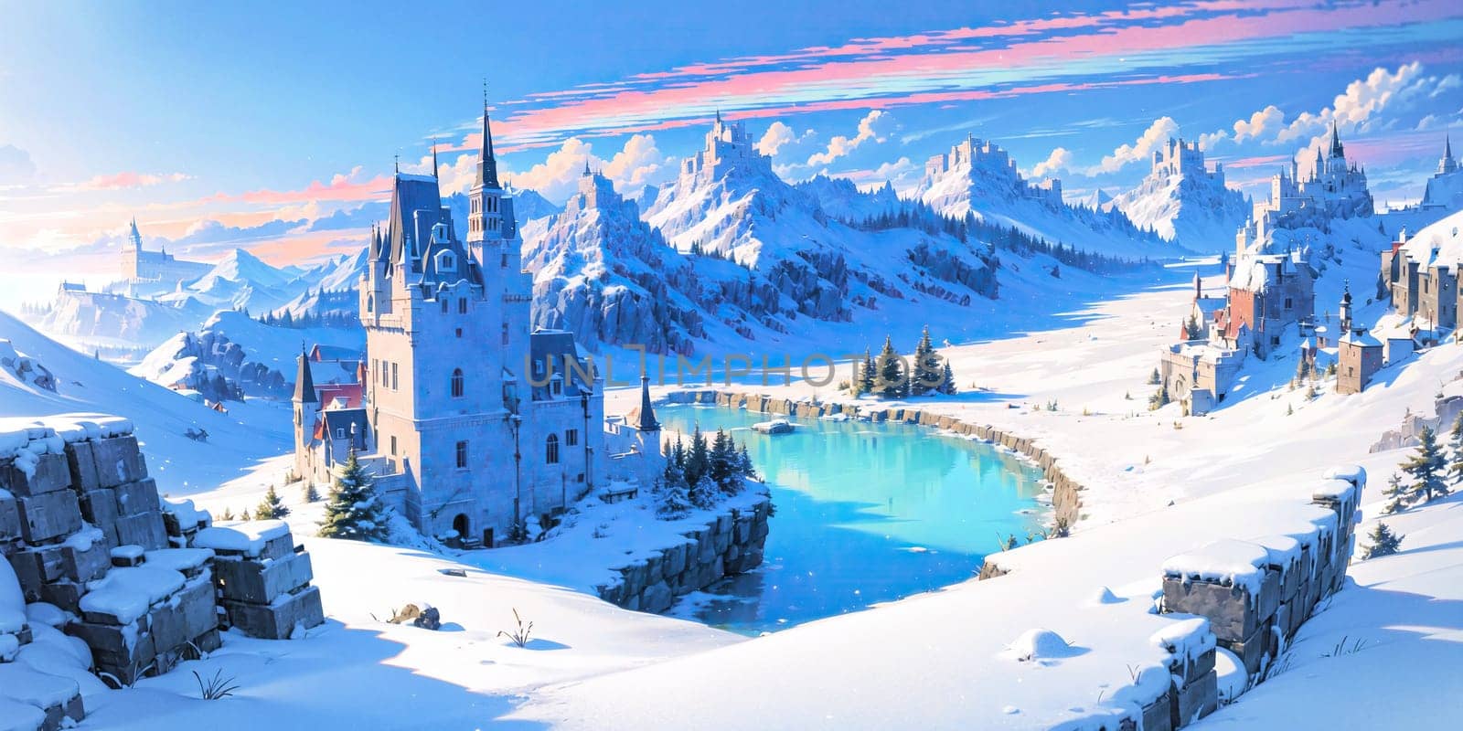 anime style background, landscape, cityscape, rainbow, snow, winter, cold, white, blue sky, sky, castle, ice, travel, generative ai, generative, ai