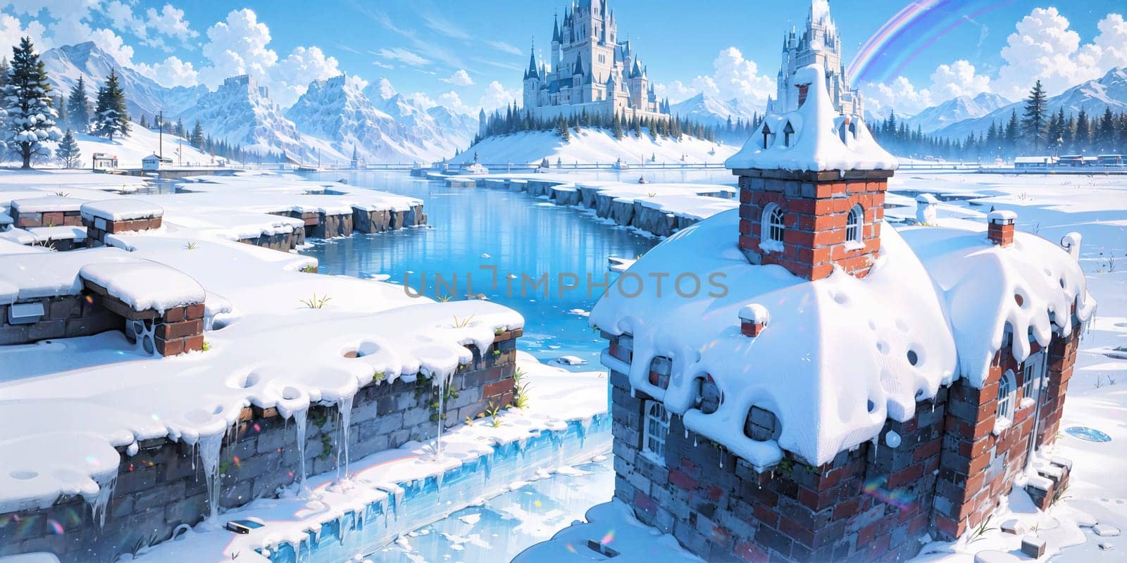 anime style background, landscape, cityscape, rainbow, snow, winter, cold, white, blue sky, sky, castle, ice, travel, generative ai, generative, ai