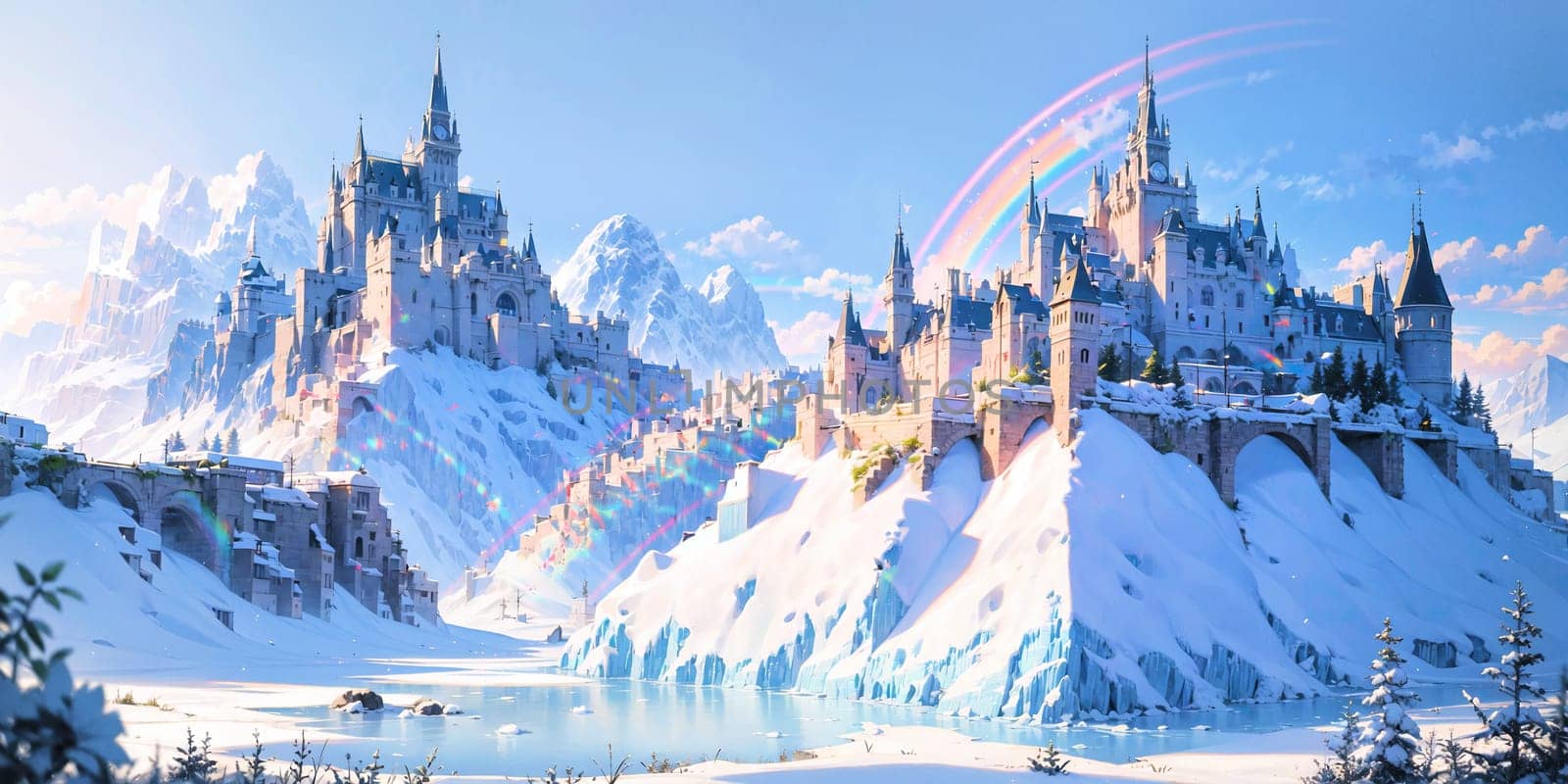 anime background, landscape, cityscape, rainbow, ice castle, generative ai by rachellaiyl