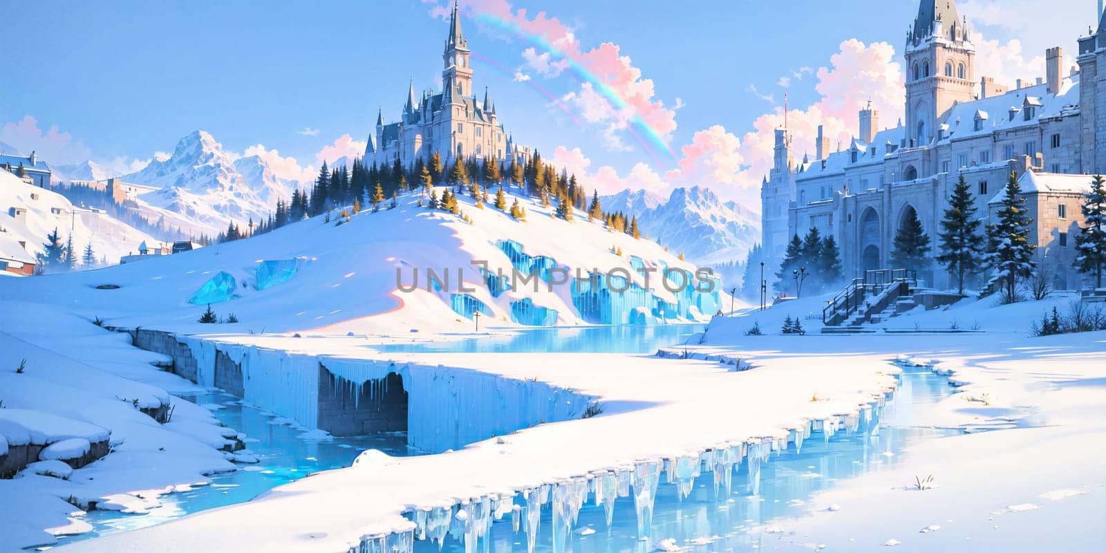 anime background, landscape, cityscape, rainbow, ice castle, generative ai by rachellaiyl