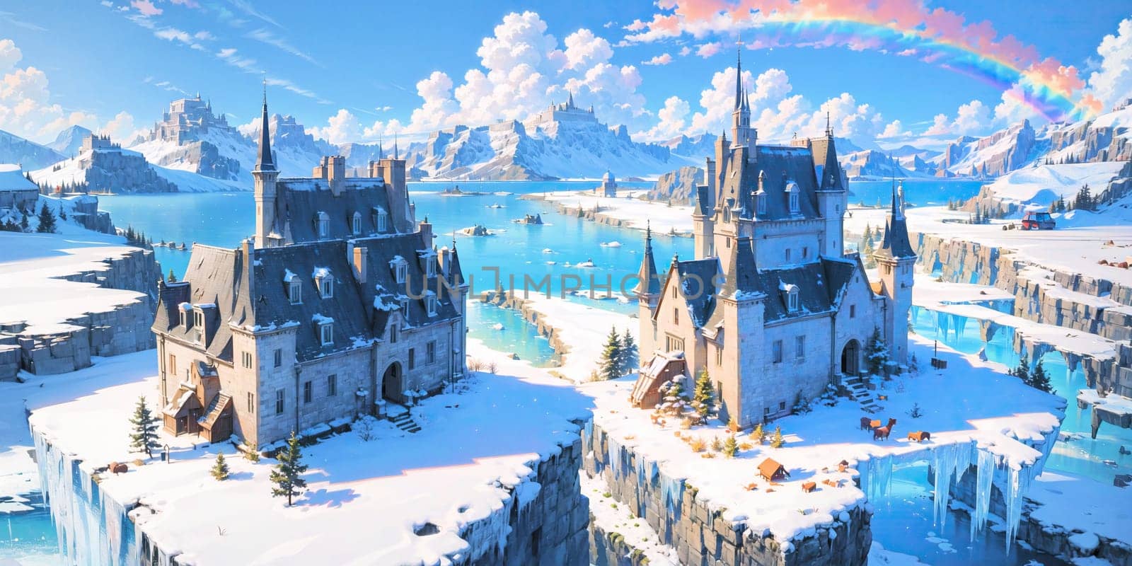 anime style background, landscape, cityscape, rainbow, snow, winter, cold, white, blue sky, sky, castle, ice, travel, generative ai, generative, ai