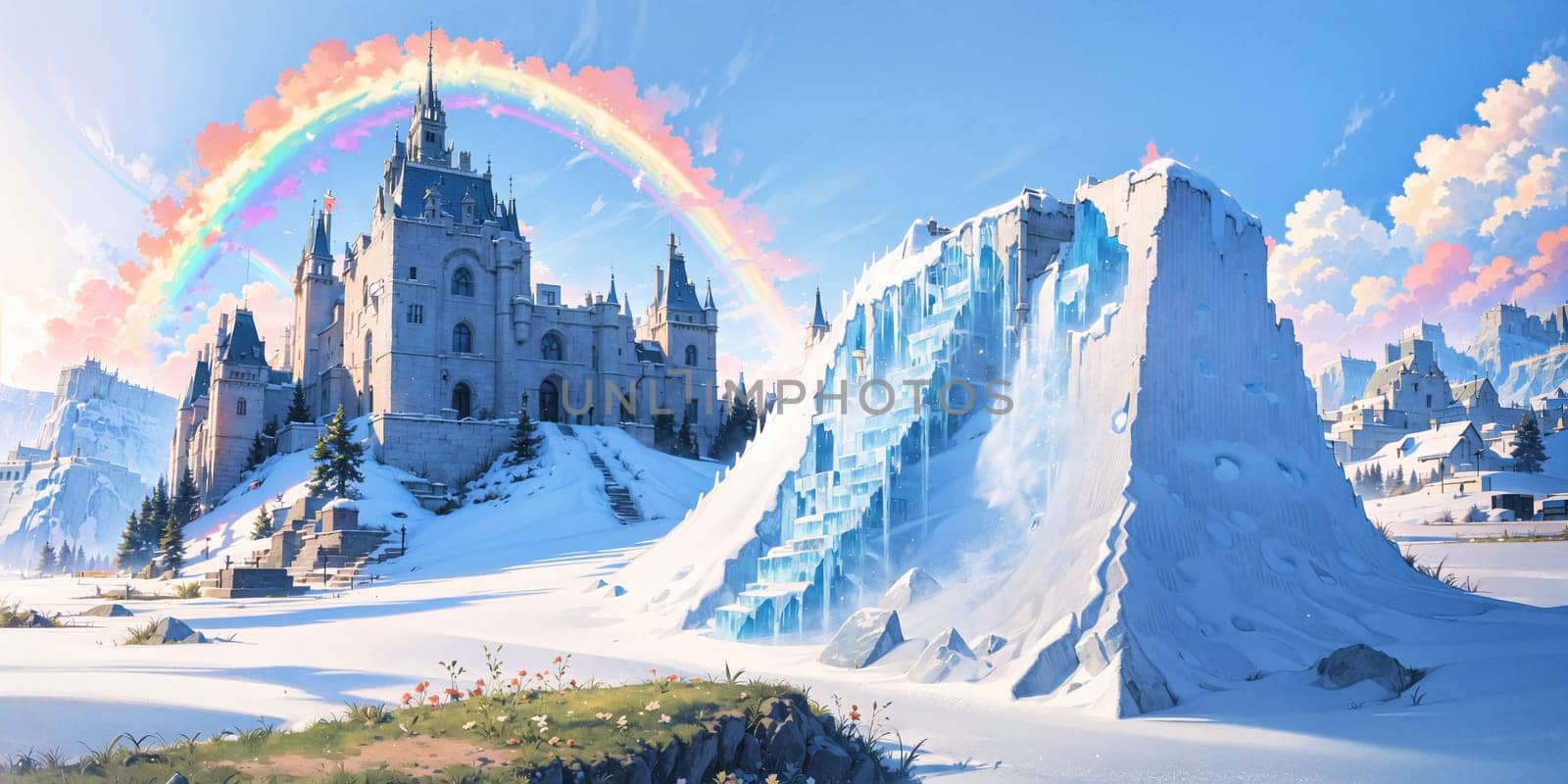 anime background, landscape, cityscape, rainbow, ice castle, generative ai by rachellaiyl