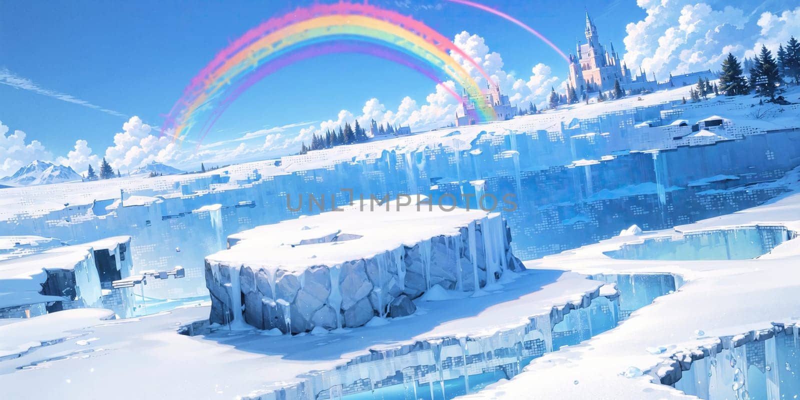 anime background, landscape, cityscape, rainbow, ice castle, generative ai by rachellaiyl