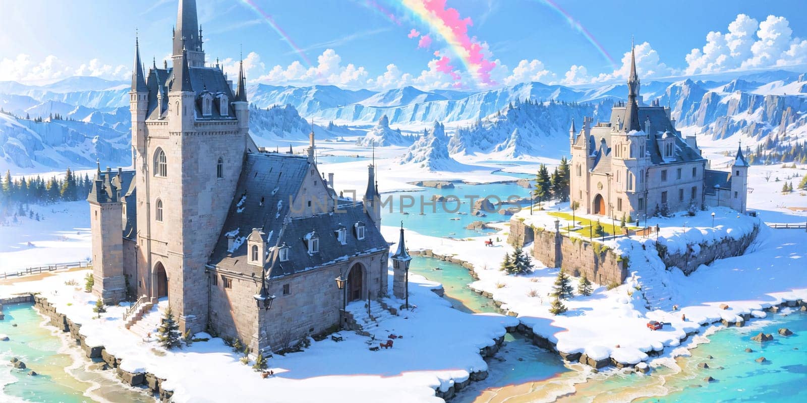 anime background, landscape, cityscape, rainbow, ice castle, generative ai by rachellaiyl