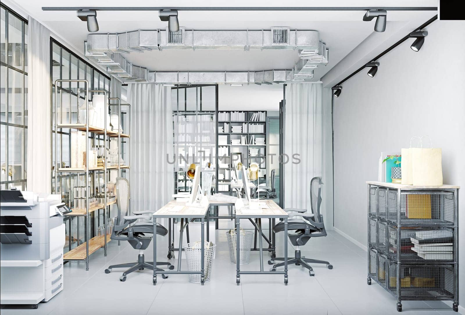 modern loft style office interior. (3d rendering design illustration)