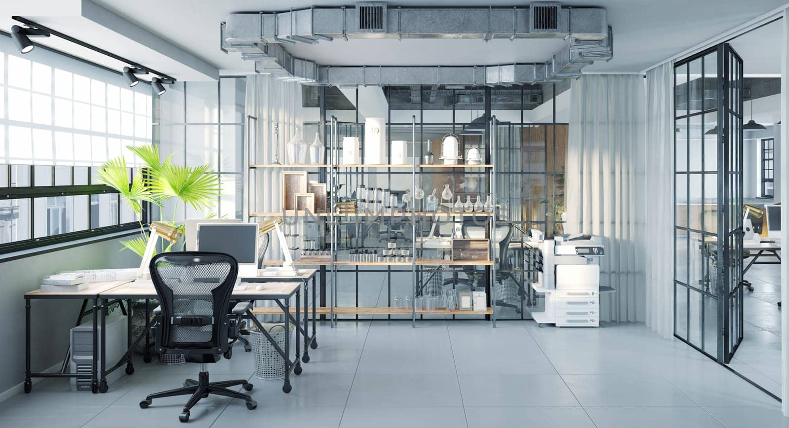 modern loft style office interior. (3d rendering design illustration)