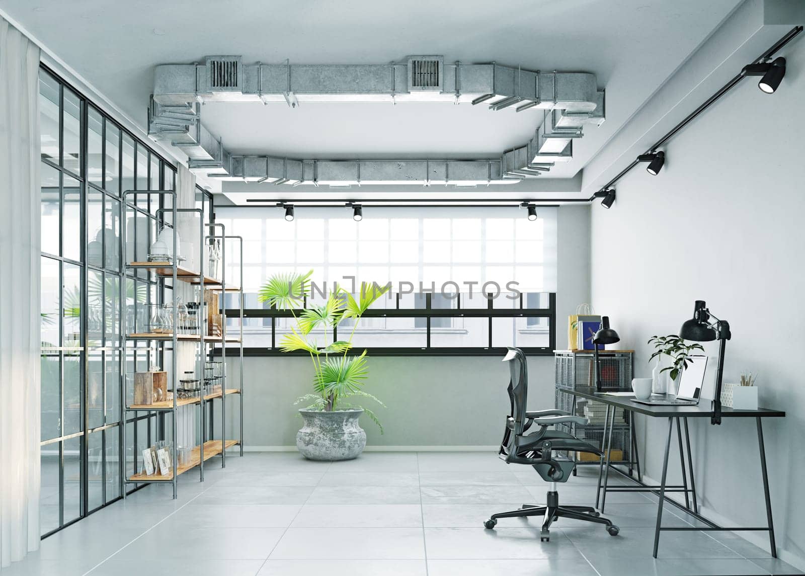 modern loft style office interior. (3d rendering design illustration)