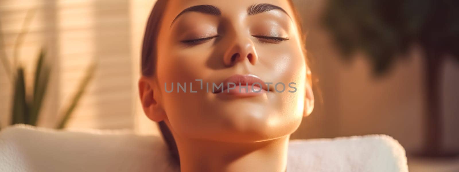 Beautiful Woman Receiving Treatment At Spa, banner made with Generative AI. High quality illustration