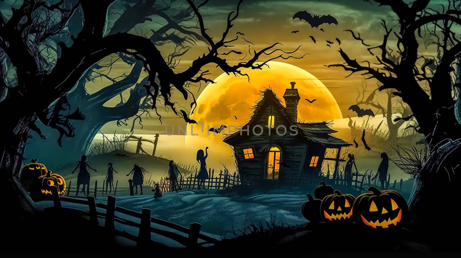 Halloween, carved pumpkins, scary characters and bats in a mysterious dark forest, made with Generative AI. High quality illustration