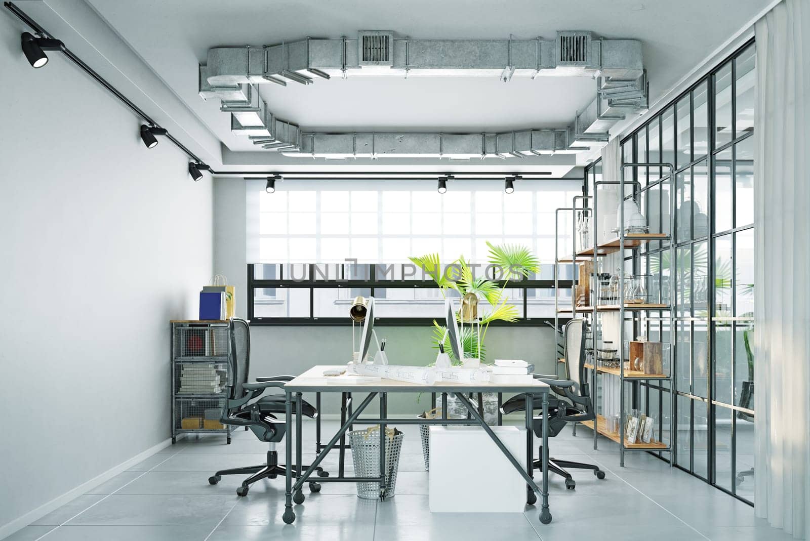 modern loft style office interior. (3d rendering design illustration)