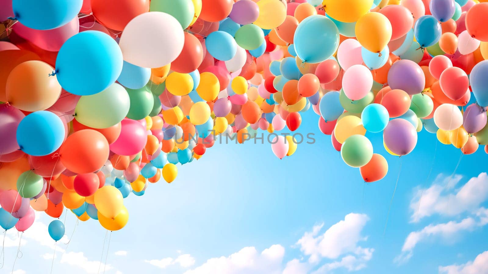 colorful balloons filled with helium in the air on a blue sky, copy space, made with Generative AI. High quality illustration