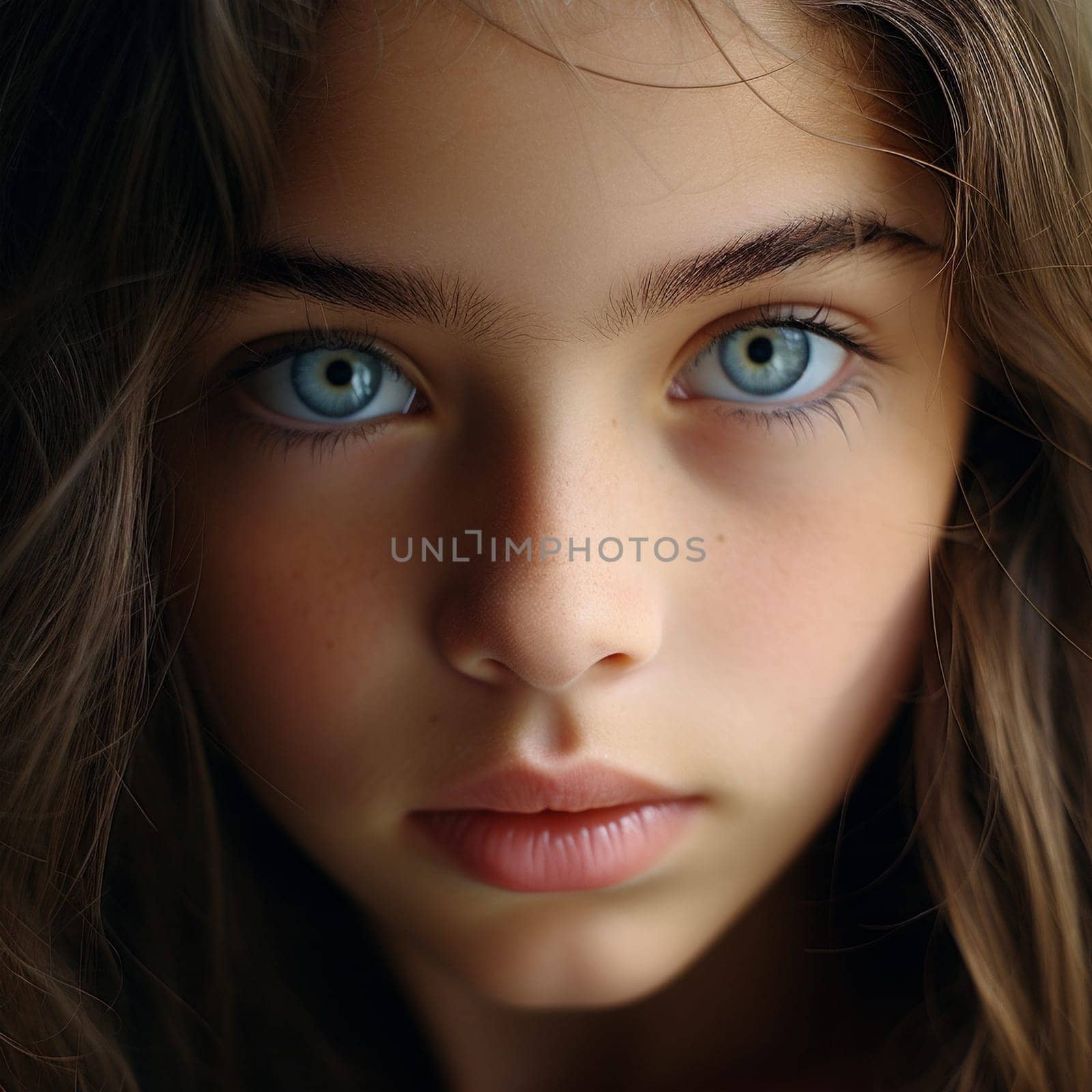 Close-up portrait of a beautiful blue eyed young girl - AI generative