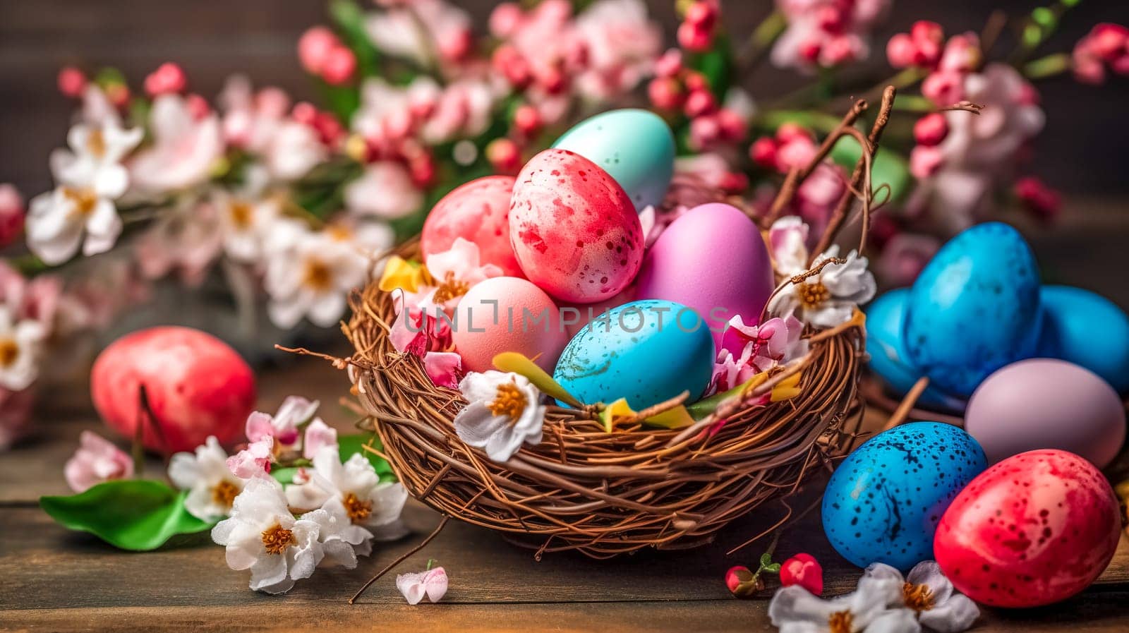 dyed in different colors Easter eggs in basket and flowers, celebration of religious holidays, made with Generative AI. High quality illustration