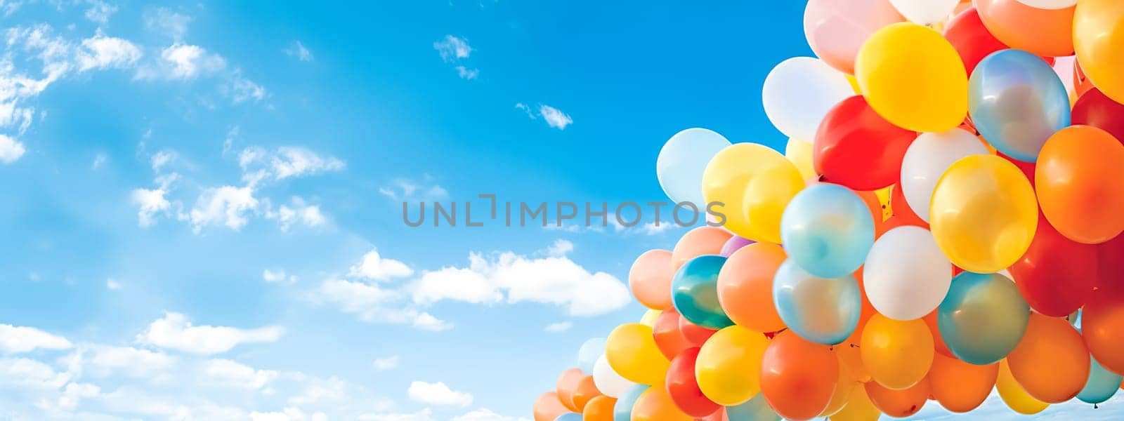 colorful balloons filled with helium in the air on a blue sky, copy space, made with Generative AI. High quality illustration