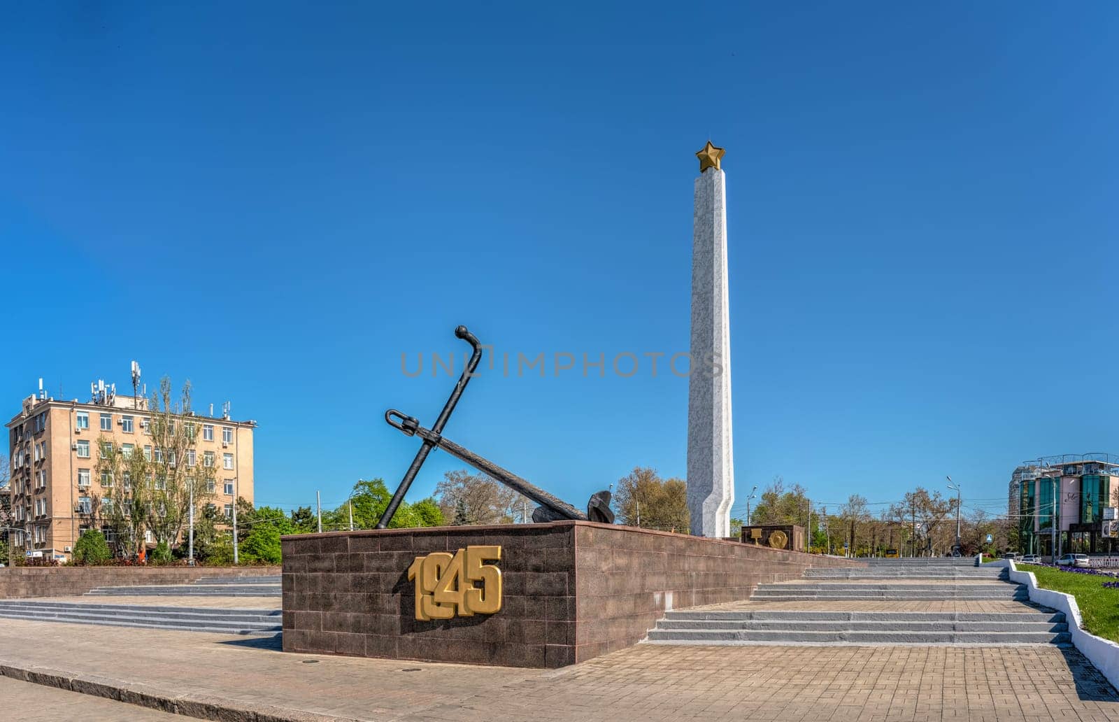 Odessa, Ukraine 05.05.2023. Obelisk Wings of Victory in Arcadia district in Odessa, Ukraine, on a sunny spring day